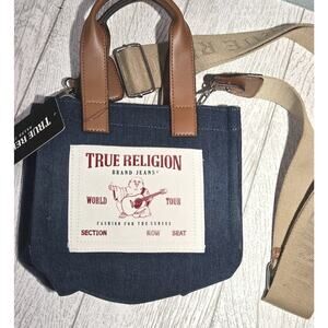 TRUE RELIGION Navy BLUE Denim LOGO Tote CROSSBODY Guitar STRAP Mini NWT Designer